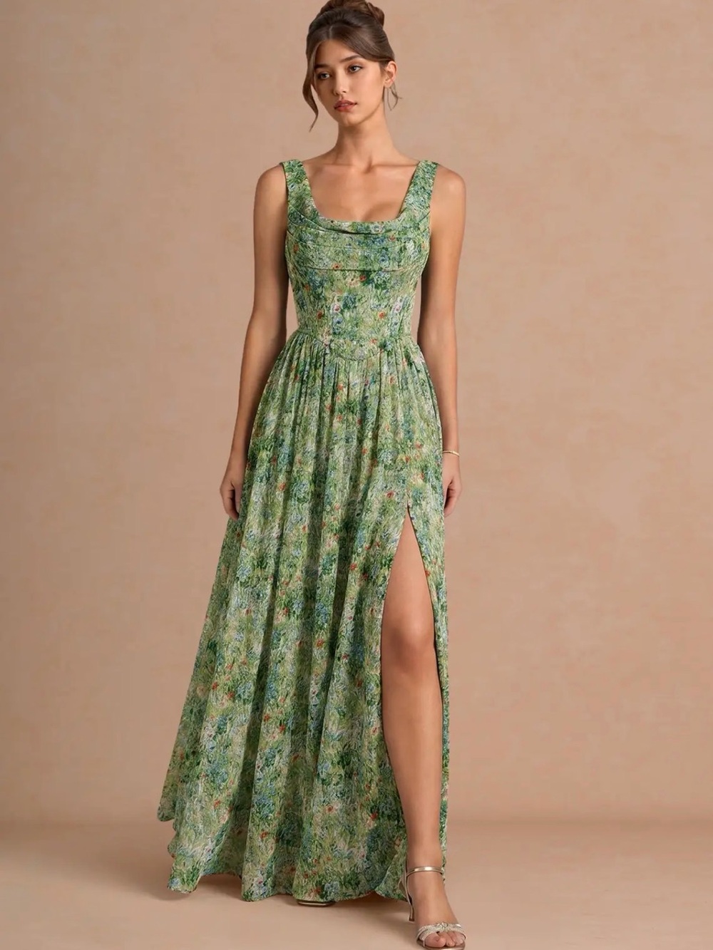 Azazie Green Floral Square-Neck Maxi with High Slit